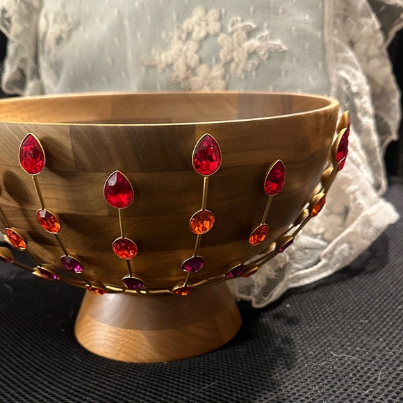 Decorative Swarovski Wooden Bowl with Red and Orange crystal Accents